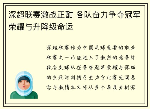 深超联赛激战正酣 各队奋力争夺冠军荣耀与升降级命运