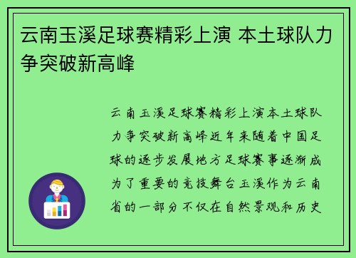 云南玉溪足球赛精彩上演 本土球队力争突破新高峰