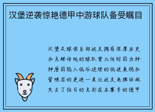 汉堡逆袭惊艳德甲中游球队备受瞩目