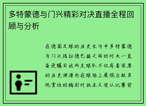 多特蒙德与门兴精彩对决直播全程回顾与分析