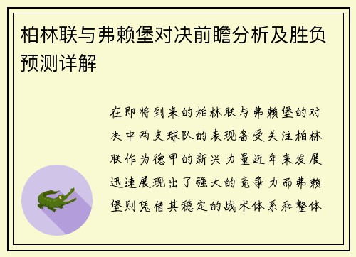 柏林联与弗赖堡对决前瞻分析及胜负预测详解
