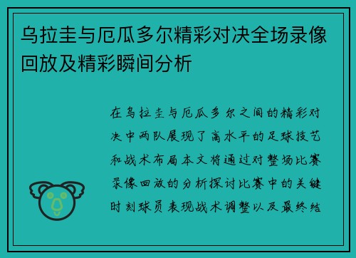 乌拉圭与厄瓜多尔精彩对决全场录像回放及精彩瞬间分析