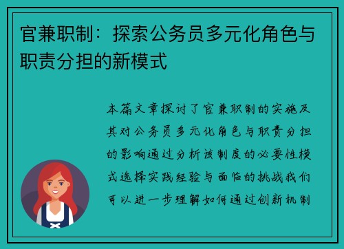 官兼职制：探索公务员多元化角色与职责分担的新模式