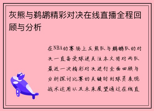 灰熊与鹈鹕精彩对决在线直播全程回顾与分析
