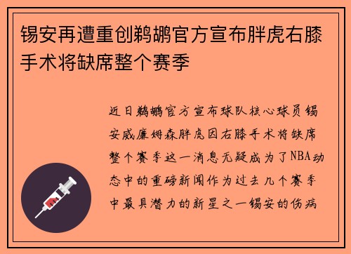 锡安再遭重创鹈鹕官方宣布胖虎右膝手术将缺席整个赛季