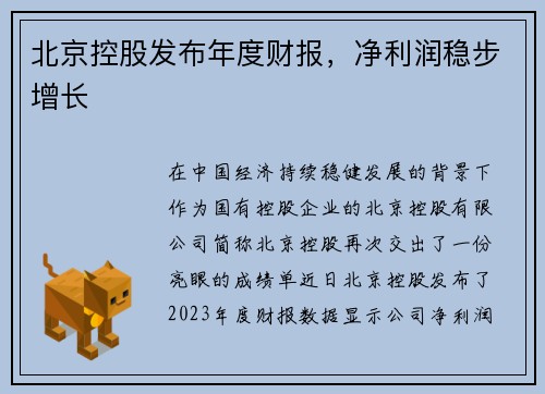 北京控股发布年度财报，净利润稳步增长