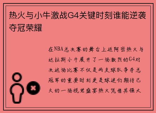 热火与小牛激战G4关键时刻谁能逆袭夺冠荣耀