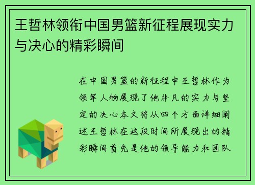 王哲林领衔中国男篮新征程展现实力与决心的精彩瞬间